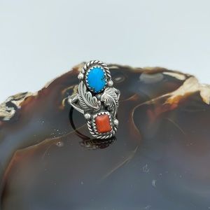 Vintage Navajo RB Turquoise & Coral ring